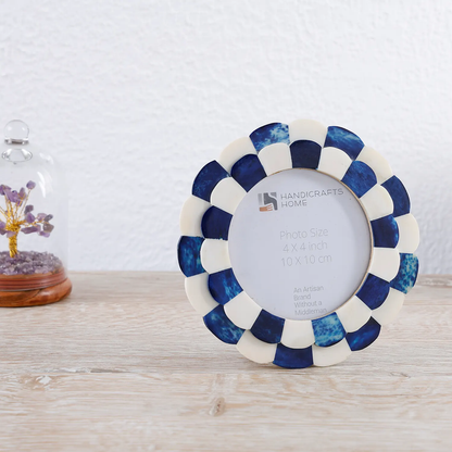Round Picture Frame Scalloped Collection Bone Inlay Blue 4x4"