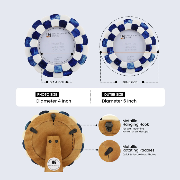 Round Picture Frame Scalloped Collection Bone Inlay Blue 4x4"