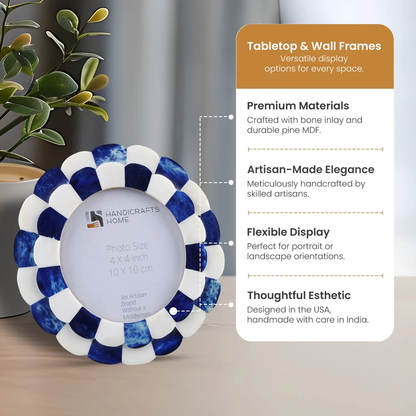 Round Picture Frame Scalloped Collection Bone Inlay Blue 4x4"