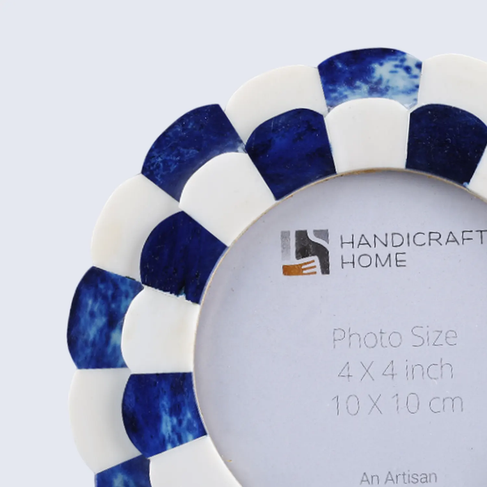 Round Picture Frame Scalloped Collection Bone Inlay Blue 4x4"