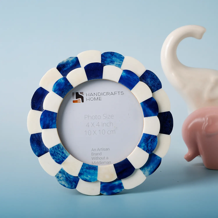 Round Picture Frame Scalloped Collection Bone Inlay Blue 4x4"