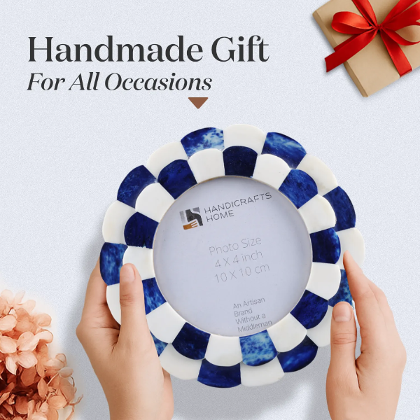 Round Picture Frame Scalloped Collection Bone Inlay Blue 4x4"