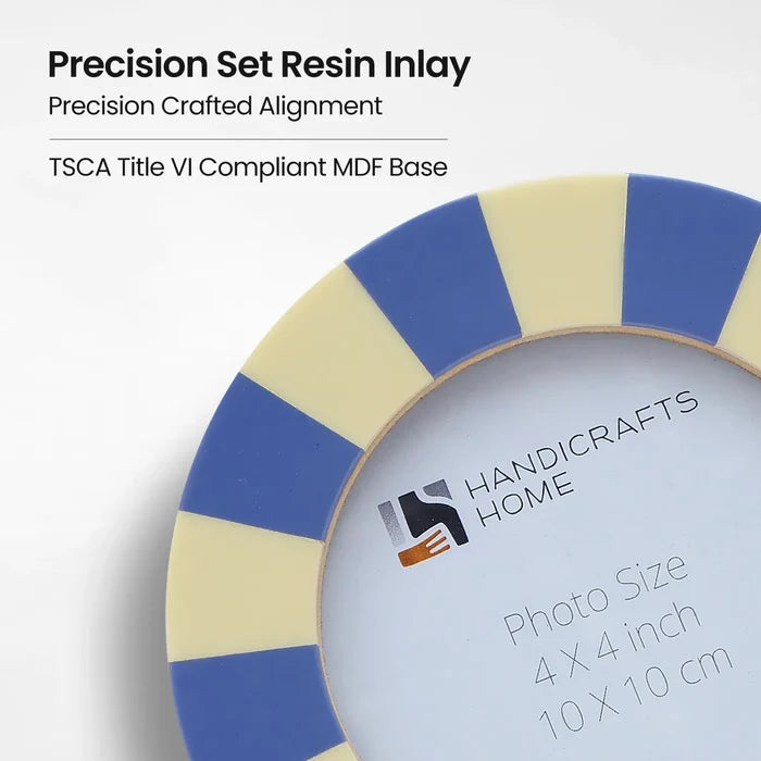 Round Resin Inlay Baby Picture Frame 4x4 Blue Cream Table Wall Decor