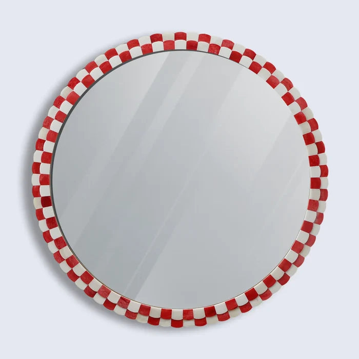 Handmade Round Scalloped Bone Inlay Mirror Frame, Red & White, 18” x 18”