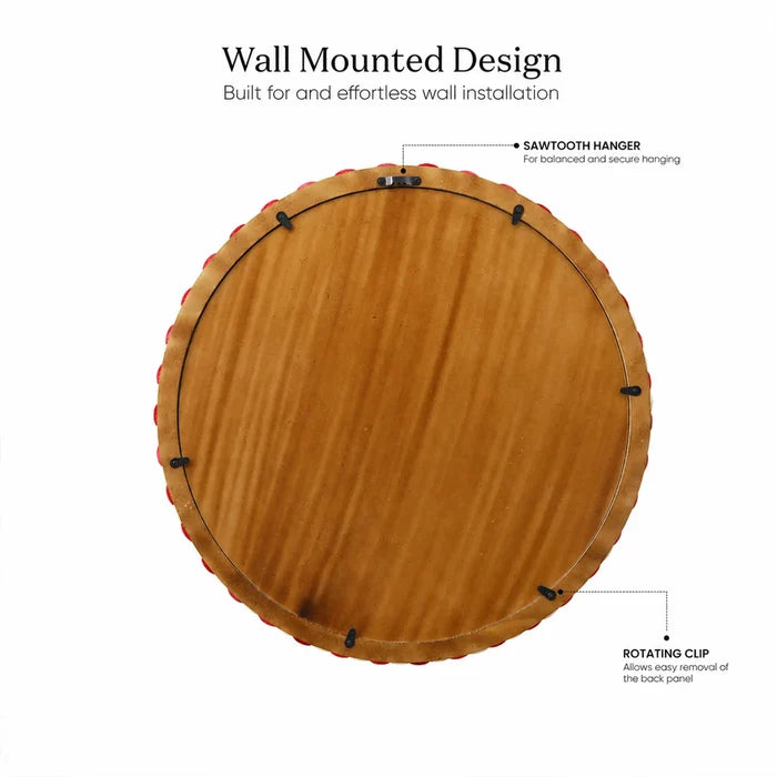 Round Scalloped Bone Inlay Mirror Frame, Red & White, 18” x 18”