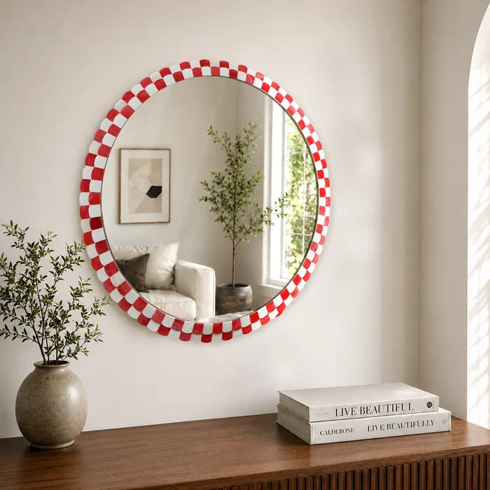 Round Scalloped Bone Inlay Mirror Frame, Red & White, 18” x 18”