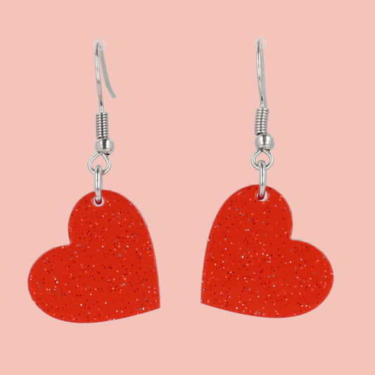 Shimmer Heart Earrings - Red