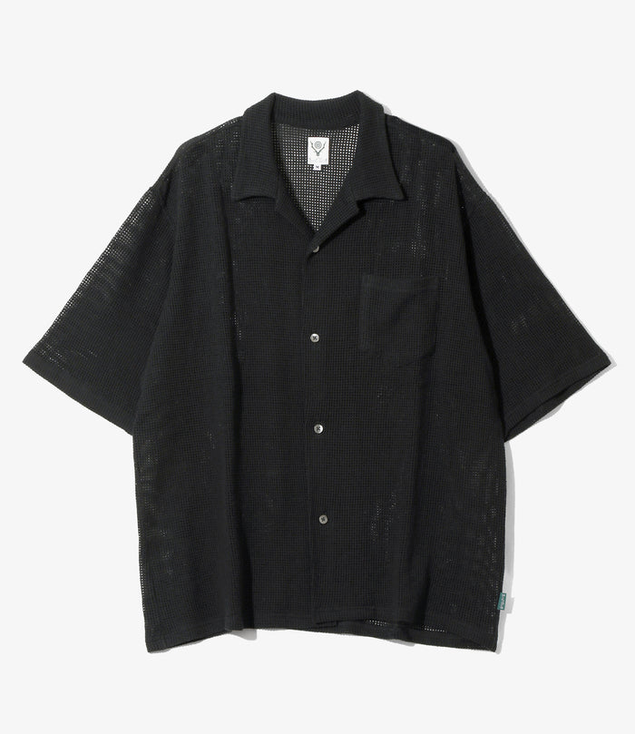 S/S Open Collar Shirt - Black - Cotton Mesh