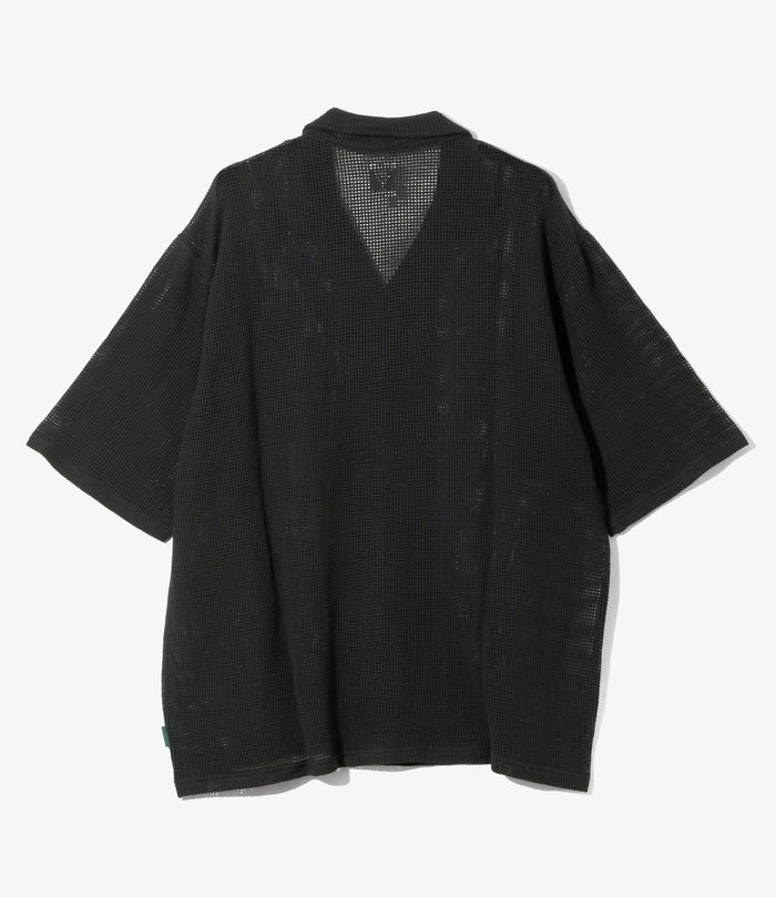 S/S Open Collar Shirt - Black - Cotton Mesh