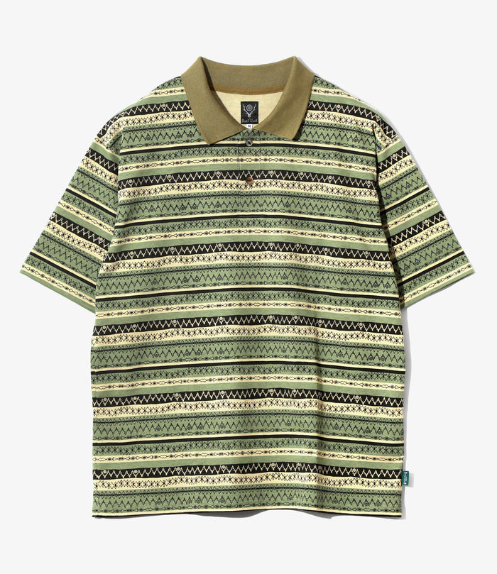 S/S Polo Shirt - Olive - Cotton Jersey / Stripe Printed