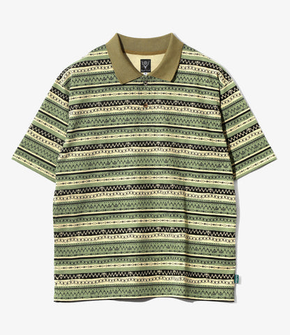 S/S Polo Shirt - Olive - Cotton Jersey / Stripe Printed