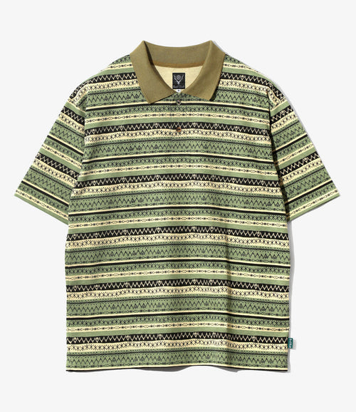 S/S Polo Shirt - Olive - Cotton Jersey / Stripe Printed