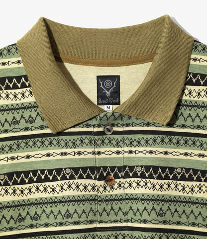 S/S Polo Shirt - Olive - Cotton Jersey / Stripe Printed