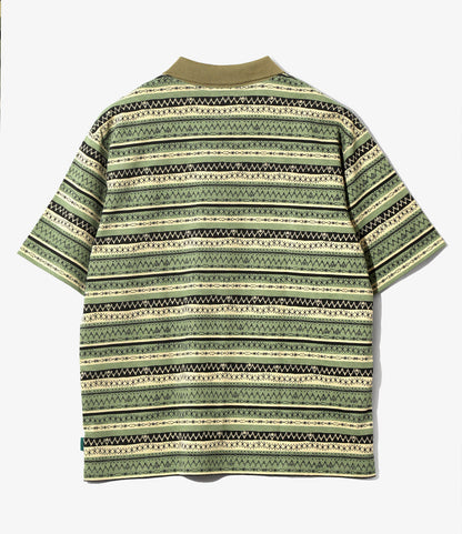 S/S Polo Shirt - Olive - Cotton Jersey / Stripe Printed