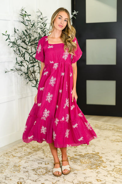 Twirl in Bloom Square Neck Dress in Hot Pink