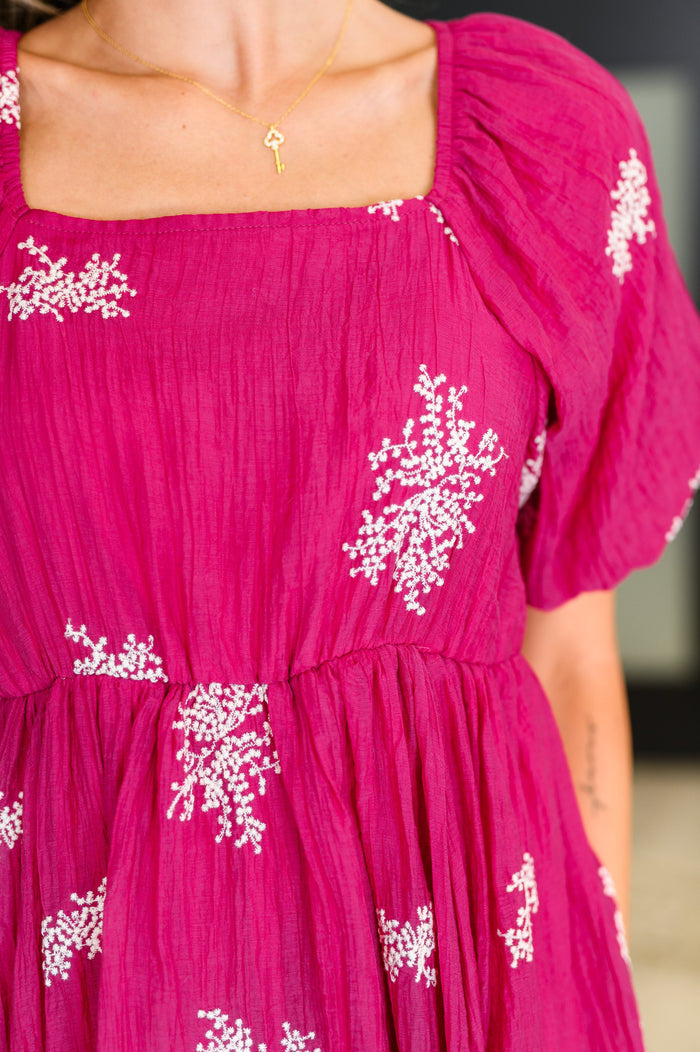 Twirl in Bloom Square Neck Dress in Hot Pink