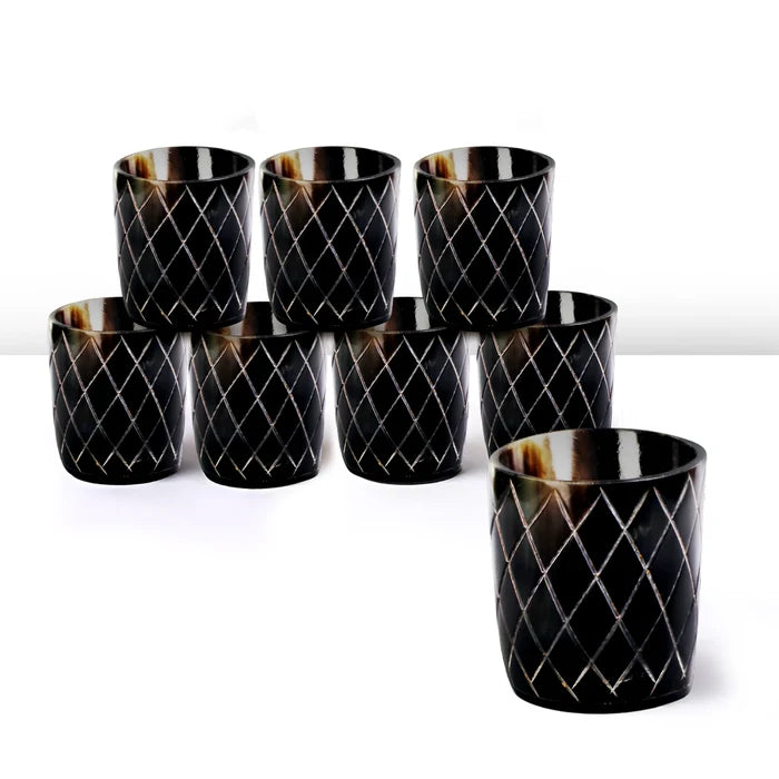 Handmade Whiskey Shot Cups Set Crisscross Pattern Real Ox Horn 6.5 oz