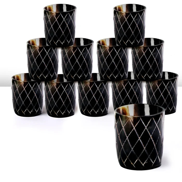 Handmade Whiskey Shot Cups Set Crisscross Pattern Real Ox Horn 6.5 oz