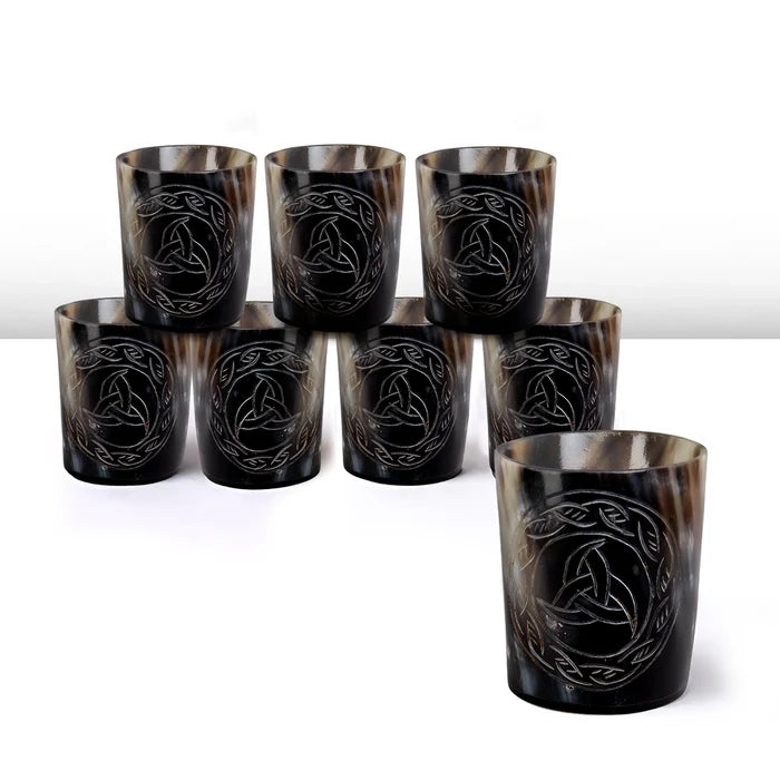 Handmade Whiskey Shot Cups Set Eternal Pattern Real Ox Horn 6.5 oz