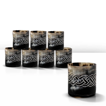 Handmade Whiskey Shot Cups Set Knot Pattern Real Ox Horn 6.5 oz
