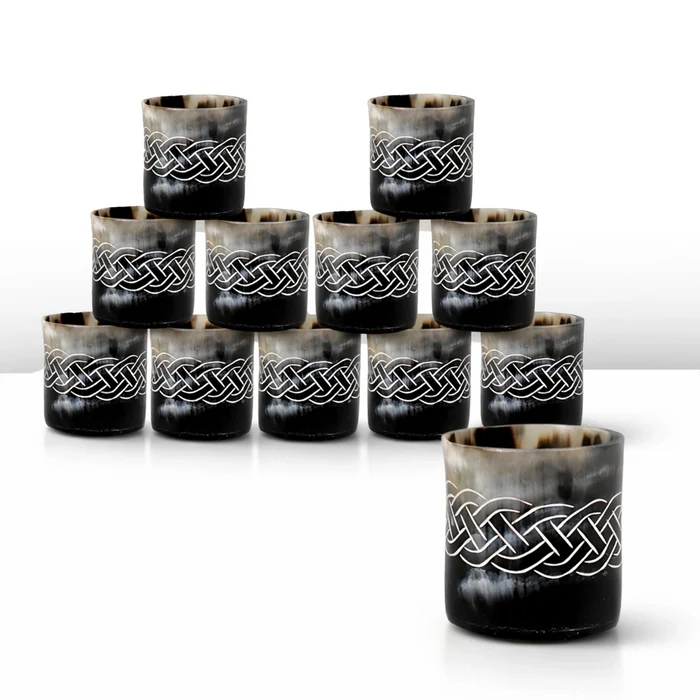 Handmade Whiskey Shot Cups Set Knot Pattern Real Ox Horn 6.5 oz