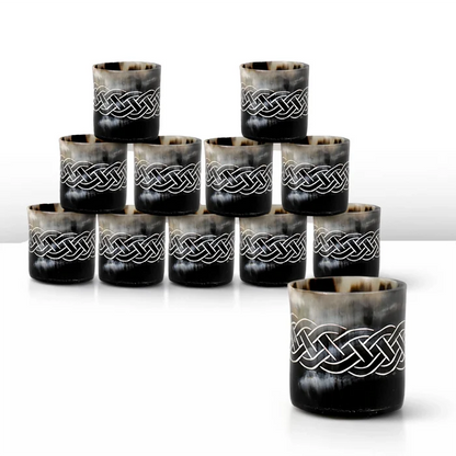 Handmade Whiskey Shot Cups Set Knot Pattern Real Ox Horn 6.5 oz