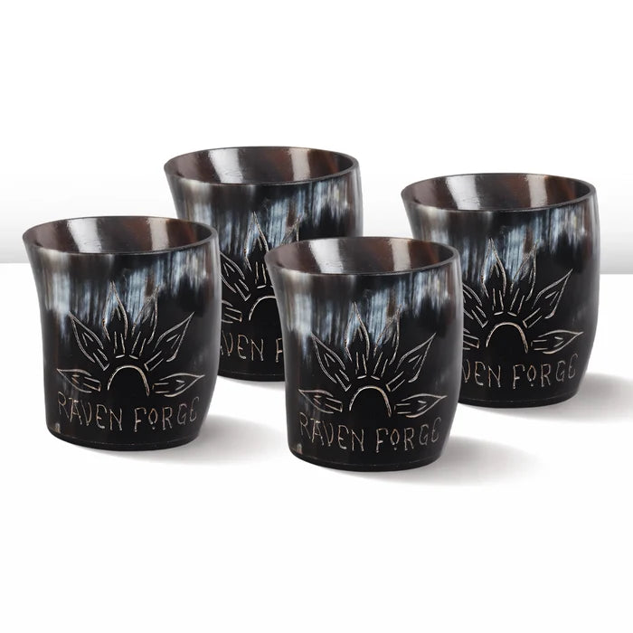 Handmade Whiskey Shot Cups Set Sunburst Pattern Real Ox Horn 6.5 oz