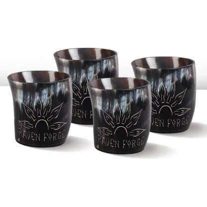 Handmade Whiskey Shot Cups Set Sunburst Pattern Real Ox Horn 6.5 oz