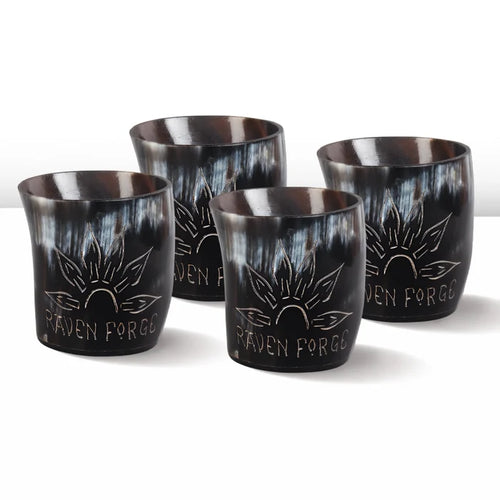 Handmade Whiskey Shot Cups Set Sunburst Pattern Real Ox Horn 6.5 oz