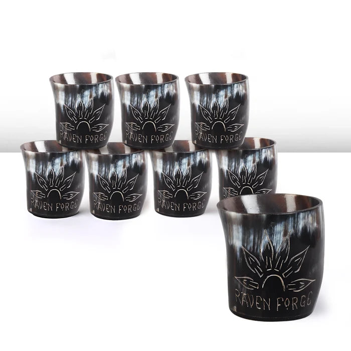 Handmade Whiskey Shot Cups Set Sunburst Pattern Real Ox Horn 6.5 oz