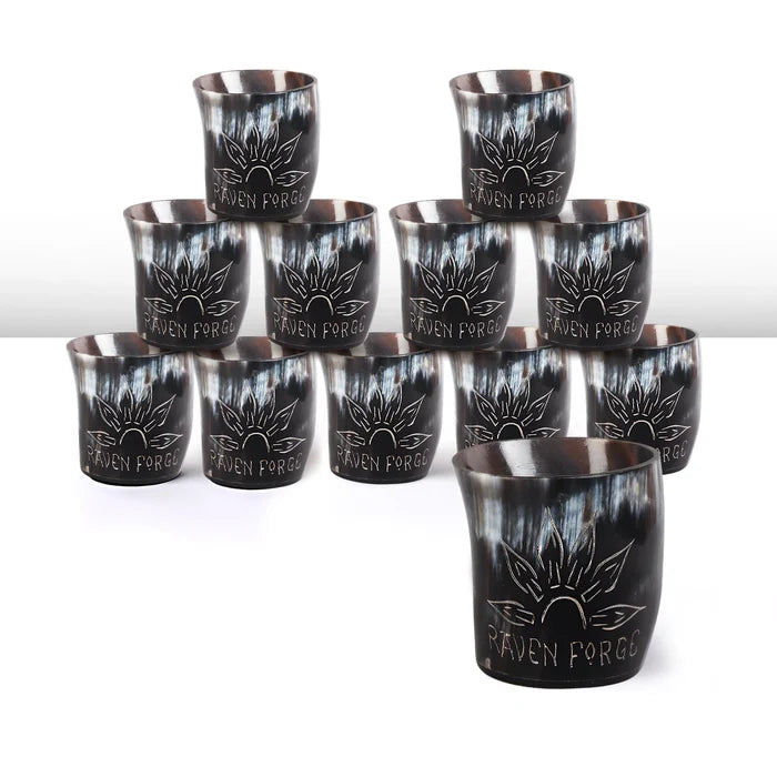 Handmade Whiskey Shot Cups Set Sunburst Pattern Real Ox Horn 6.5 oz