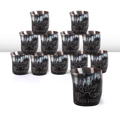 Handmade Whiskey Shot Cups Set Sunburst Pattern Real Ox Horn 6.5 oz