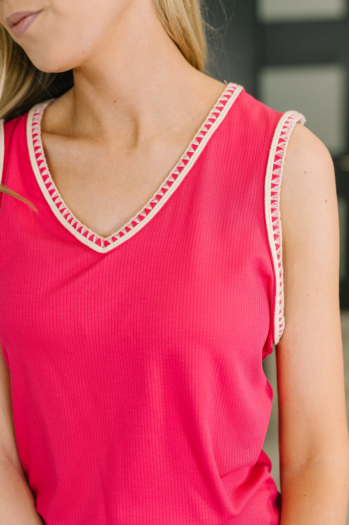 Whisper Trim Detailed V-Neck Tank in Hot Pink