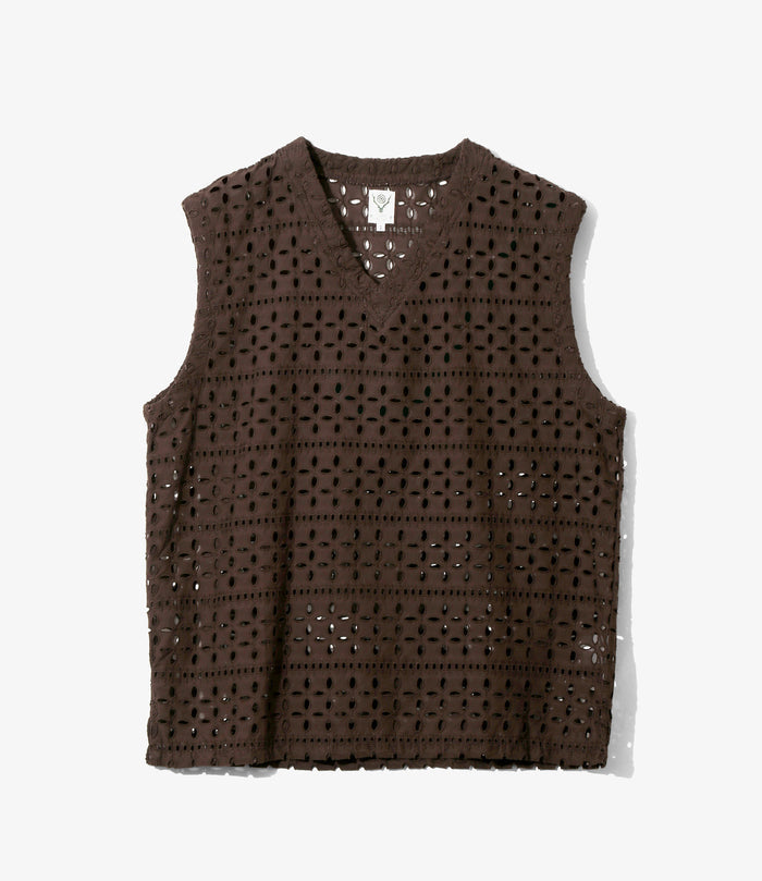 Women's Sleeveless V Neck Shirt - Dk.Brown - Cutwork Embroidery