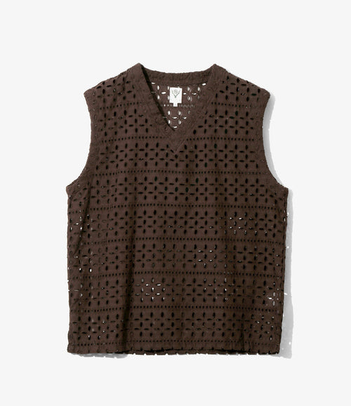 Women's Sleeveless V Neck Shirt - Dk.Brown - Cutwork Embroidery