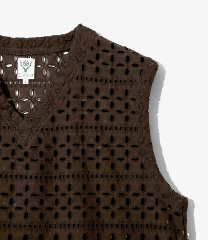 Women's Sleeveless V Neck Shirt - Dk.Brown - Cutwork Embroidery