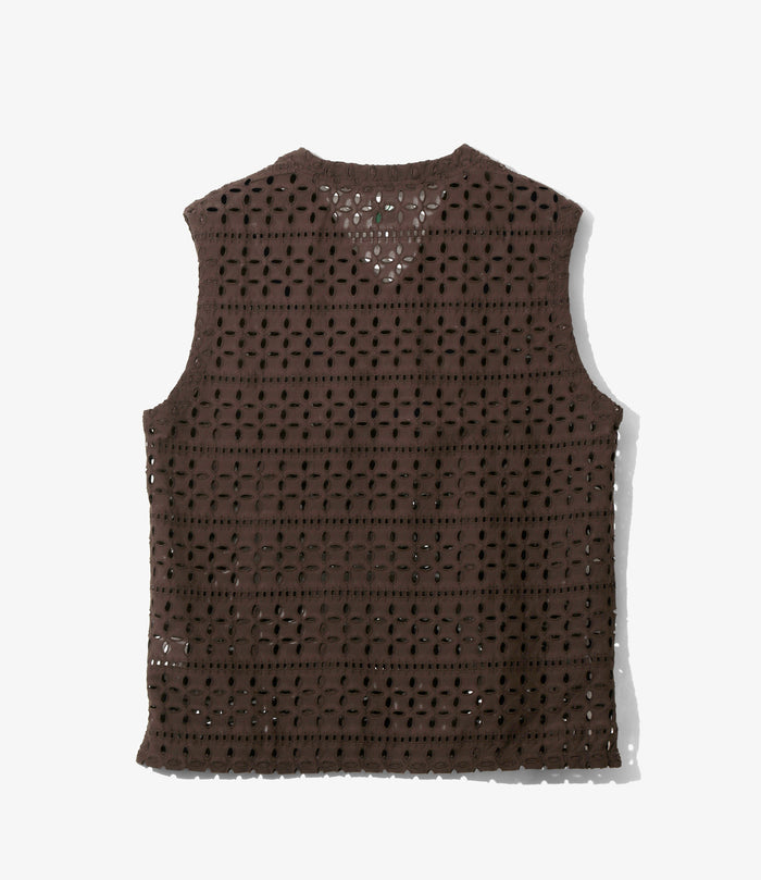 Women's Sleeveless V Neck Shirt - Dk.Brown - Cutwork Embroidery