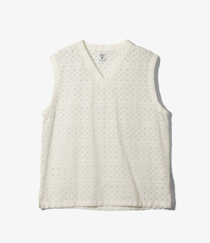 Women's Sleeveless V Neck Shirt - White - Cutwork Embroidery