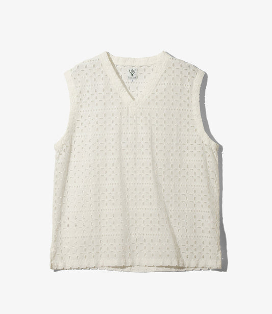 Women's Sleeveless V Neck Shirt - White - Cutwork Embroidery