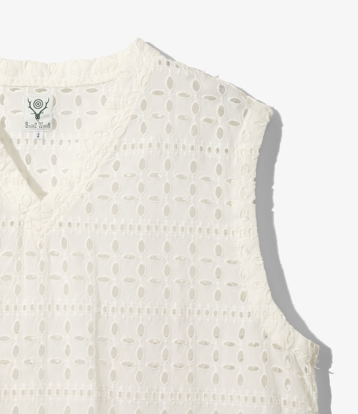 Women's Sleeveless V Neck Shirt - White - Cutwork Embroidery