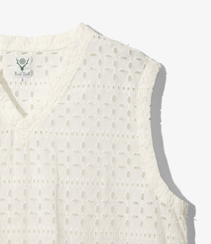 Women's Sleeveless V Neck Shirt - White - Cutwork Embroidery