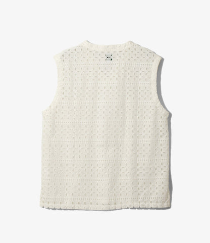 Women's Sleeveless V Neck Shirt - White - Cutwork Embroidery