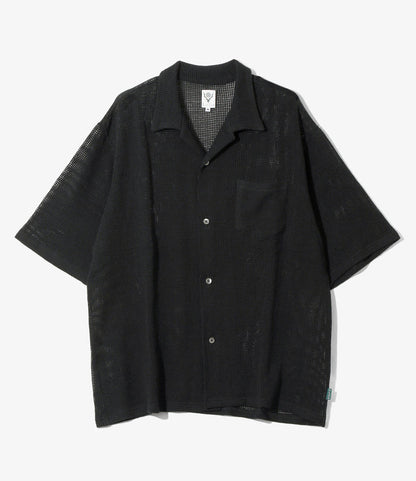 Women's S/S Open Collar Shirt - Black - Cotton Mesh