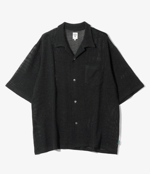 Women's S/S Open Collar Shirt - Black - Cotton Mesh