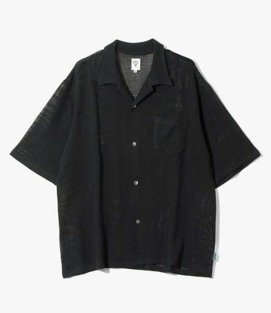 Women's S/S Open Collar Shirt - Black - Cotton Mesh