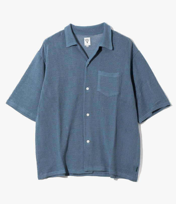 Women's S/S Open Collar Shirt - Blue - Cotton Mesh
