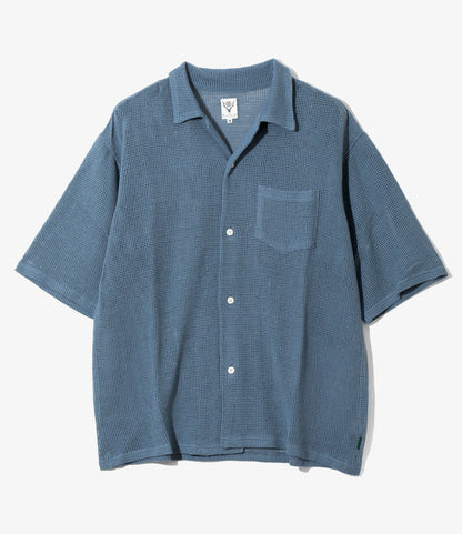 Women's S/S Open Collar Shirt - Blue - Cotton Mesh