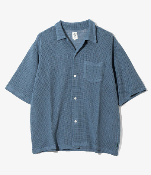 Women's S/S Open Collar Shirt - Blue - Cotton Mesh