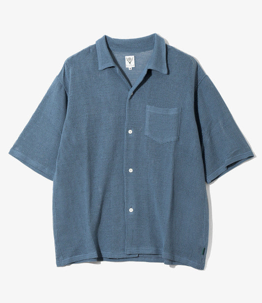 Women's S/S Open Collar Shirt - Blue - Cotton Mesh