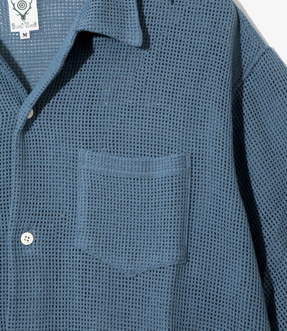 Women's S/S Open Collar Shirt - Blue - Cotton Mesh